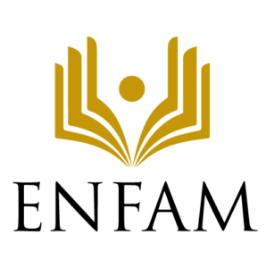 Marca Enfam, com a sigla sob a figura dourada, que remete a um livro, com um círculo no meio.