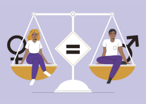 Imagem gráfica de duas pessoas, sentadas sobre os pratos da balança da Justiça, uma de cada lado.