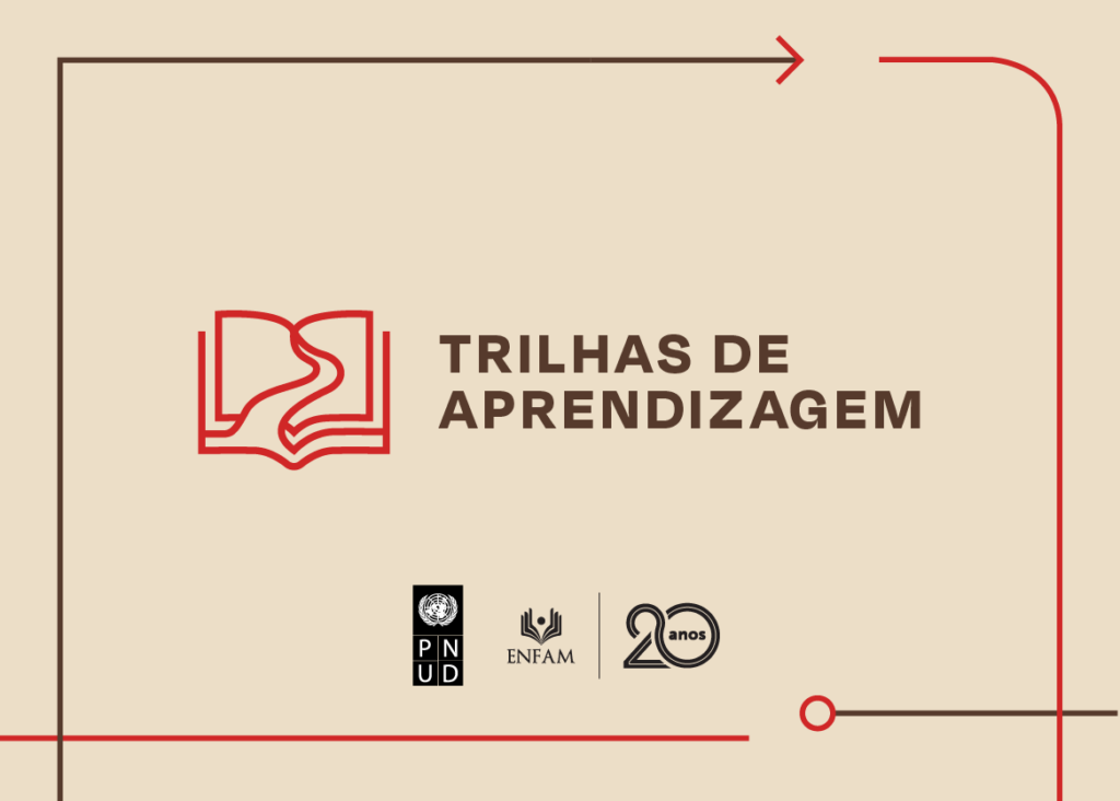Trilhas de aprendizagem e o ícone de um livro aberto com um caminho desenhado no meio.